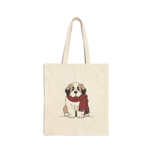 Saint Bernard Puppy Scarf Bear Premium Canvas Tote | Cozy Den Edition