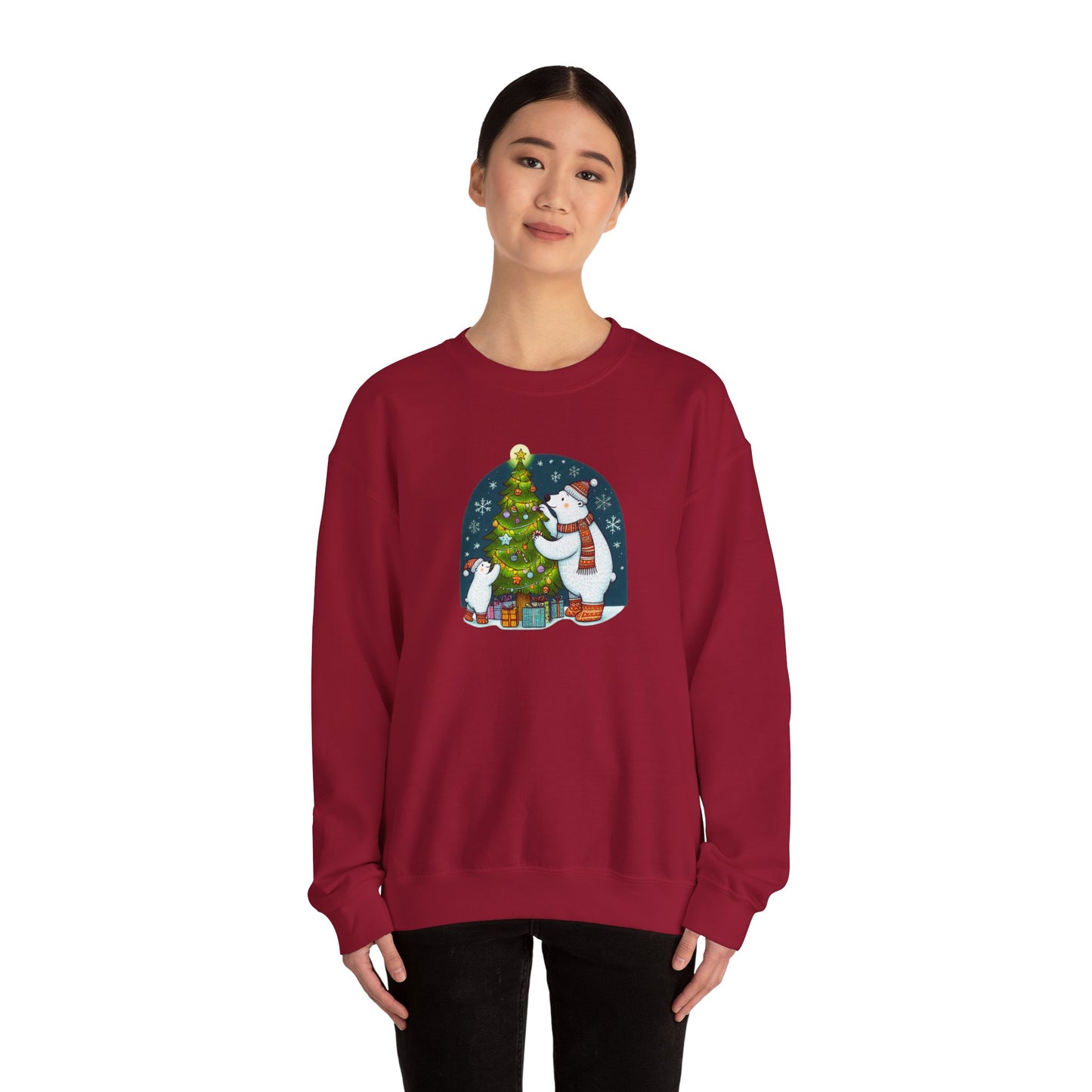 Tree Trimming Polar Bear Sweatshirt, Cozy Christmas Graphic Crewneck