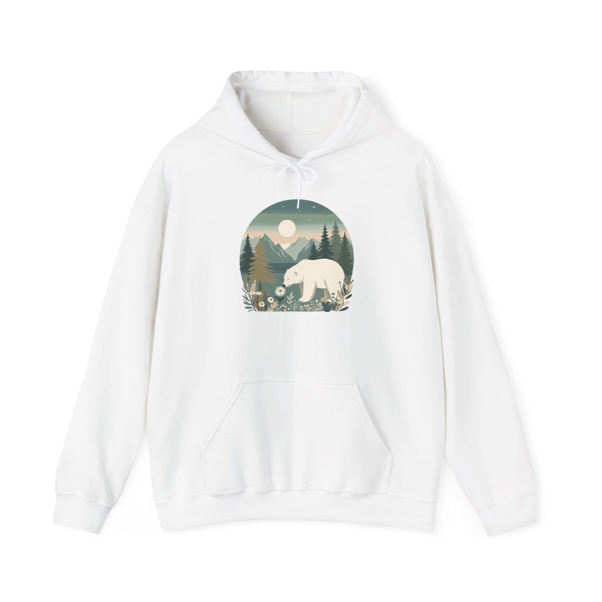 White hoodie with a bear and forest design on a white background