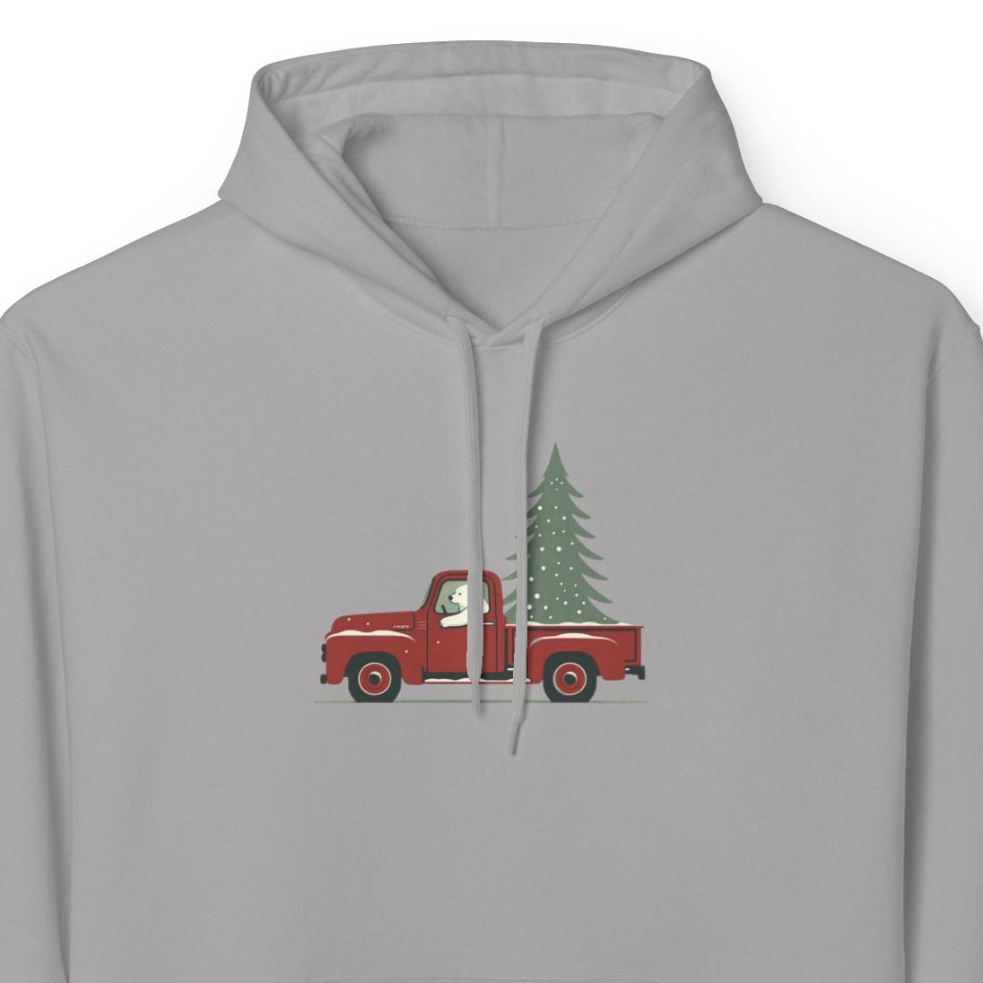 Gray hoodie with a red truck and Christmas tree design on a white background