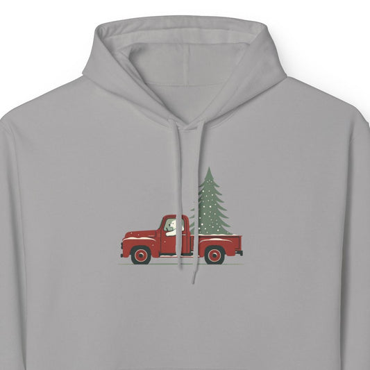 Gray hoodie with a red truck and Christmas tree design on a white background
