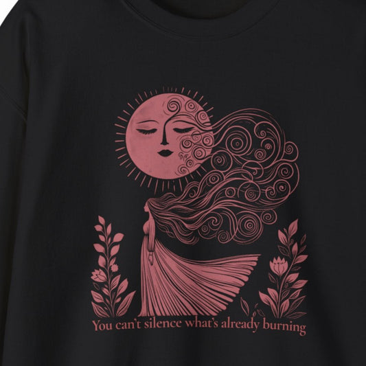 Black sweatshirt with a pink sun and woman design on a white background