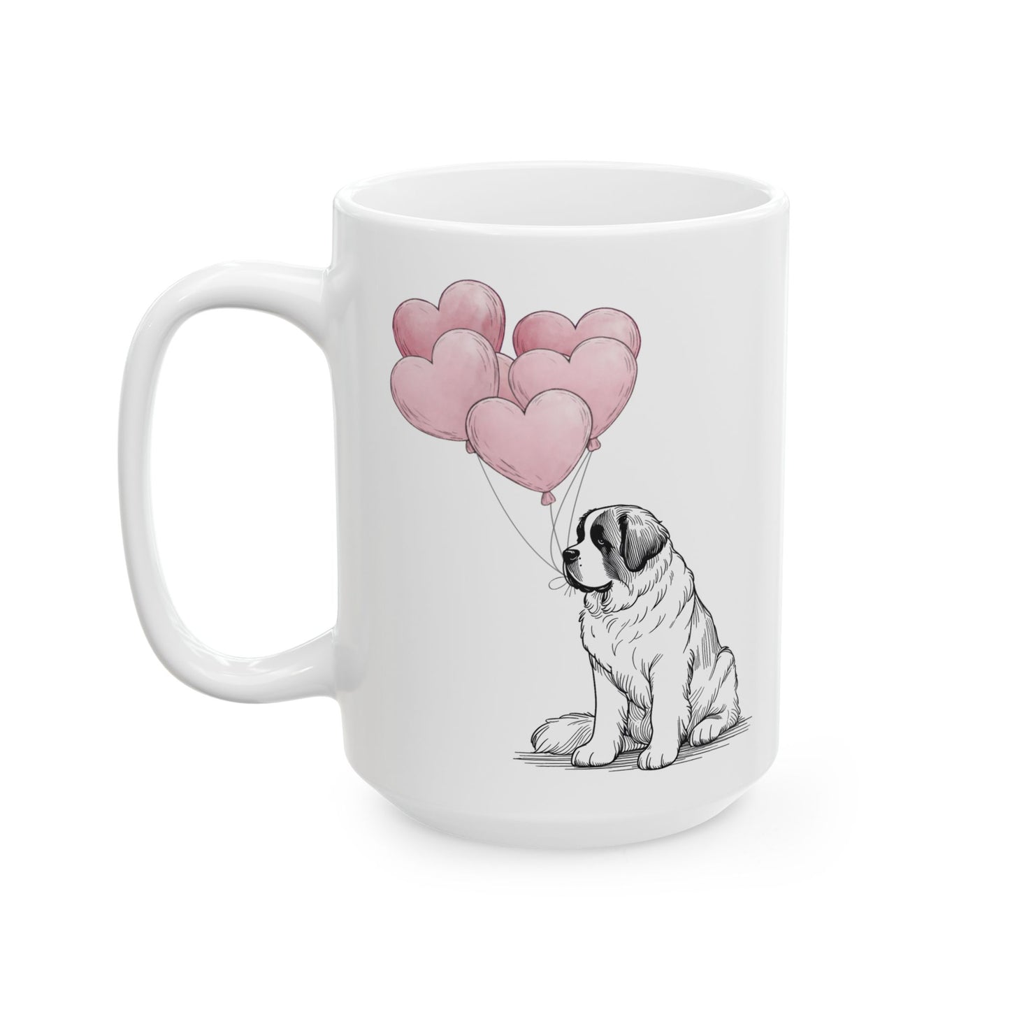 Saint Bernard with Heart Balloons Mug, 15 oz