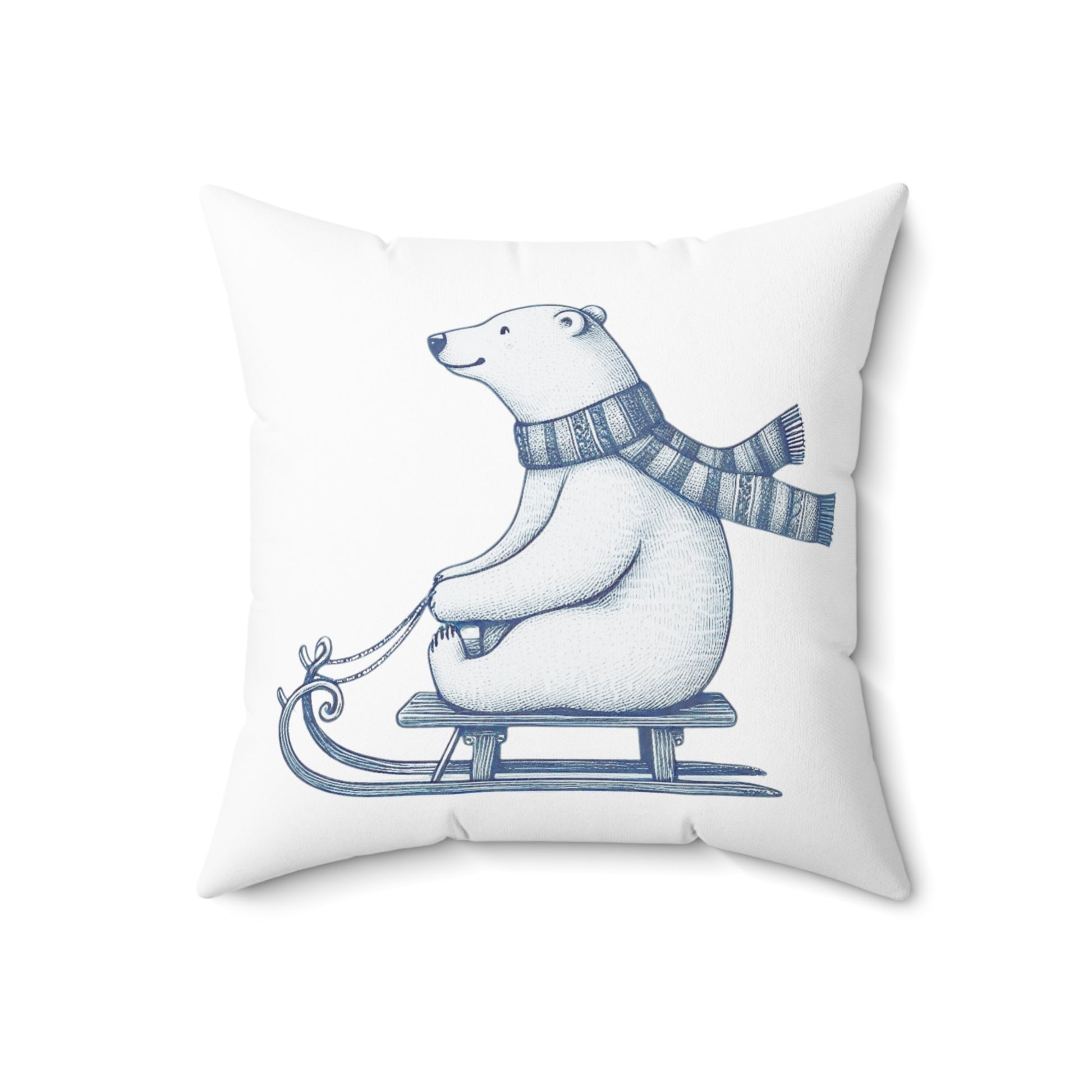 Pillow with a polar bear and scarf design on a white background