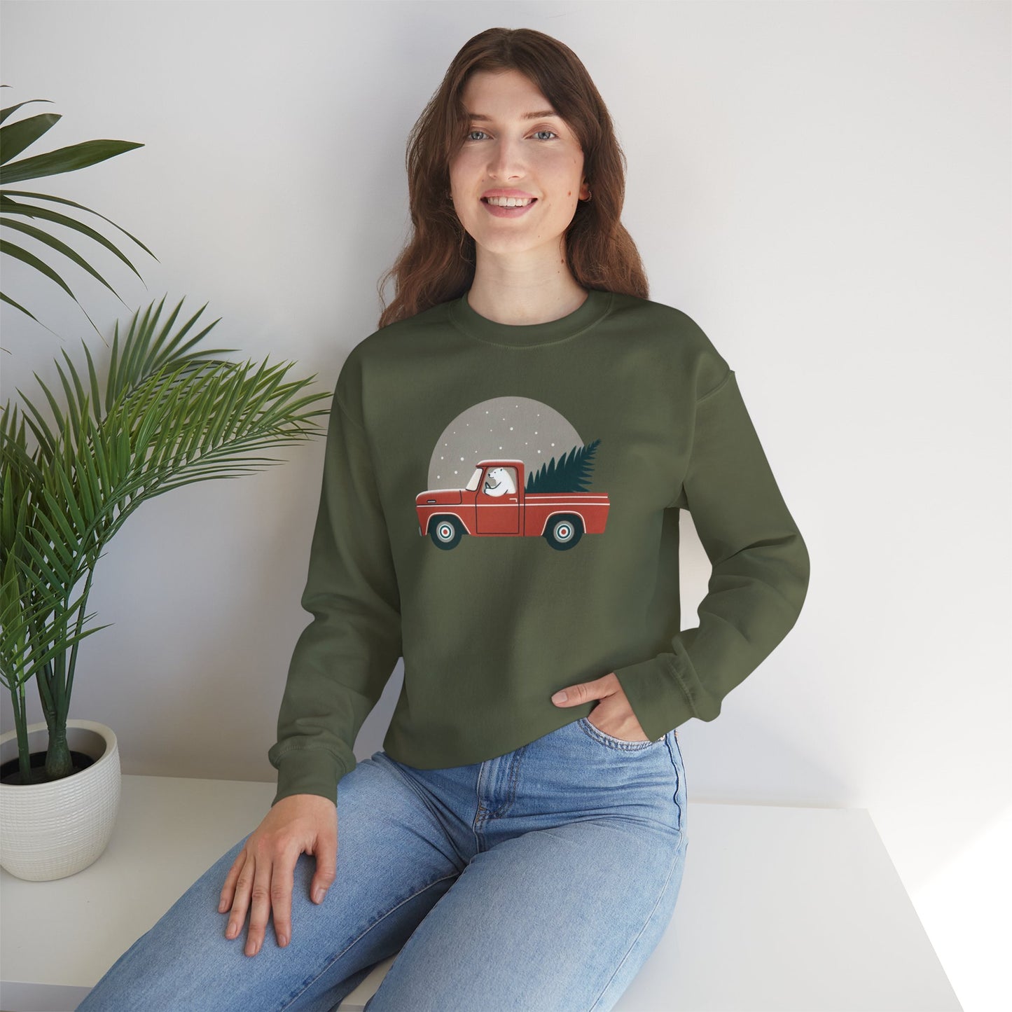 Moonlit Haul, Polar Bear Christmas Truck Design Sweatshirt