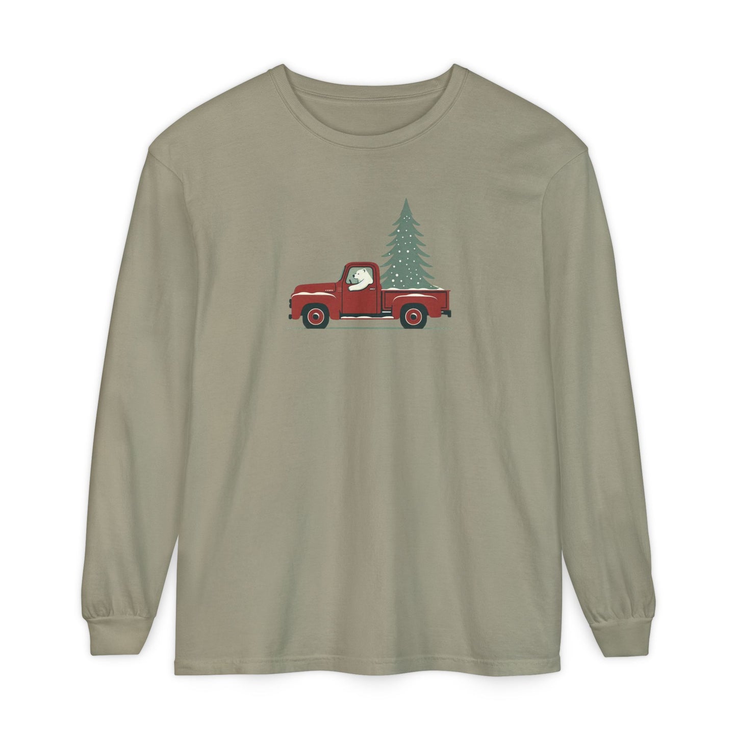 Polar Bear Evergreen Run, Vintage Red Christmas Truck Comfort Colors Long Sleeve Tee