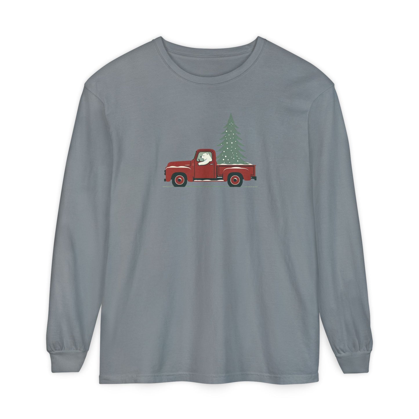 Polar Bear Evergreen Run, Vintage Red Christmas Truck Comfort Colors Long Sleeve Tee