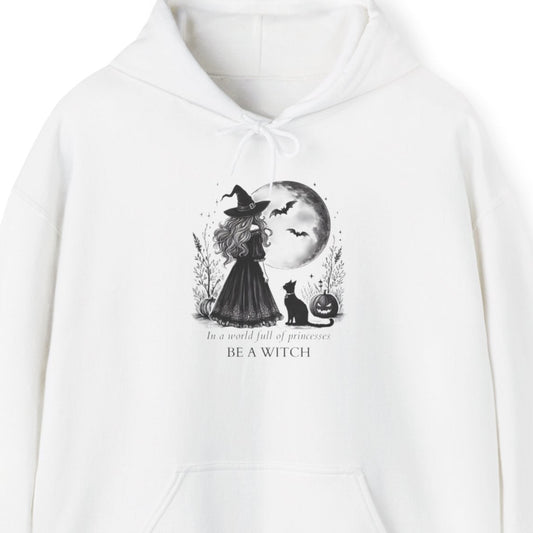 White hoodie with a witch graphic design and text on a white background