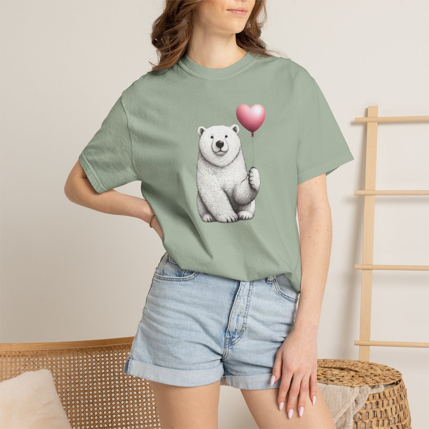 Sketch Polar Bear Heart Balloon Comfort Colors Tee
