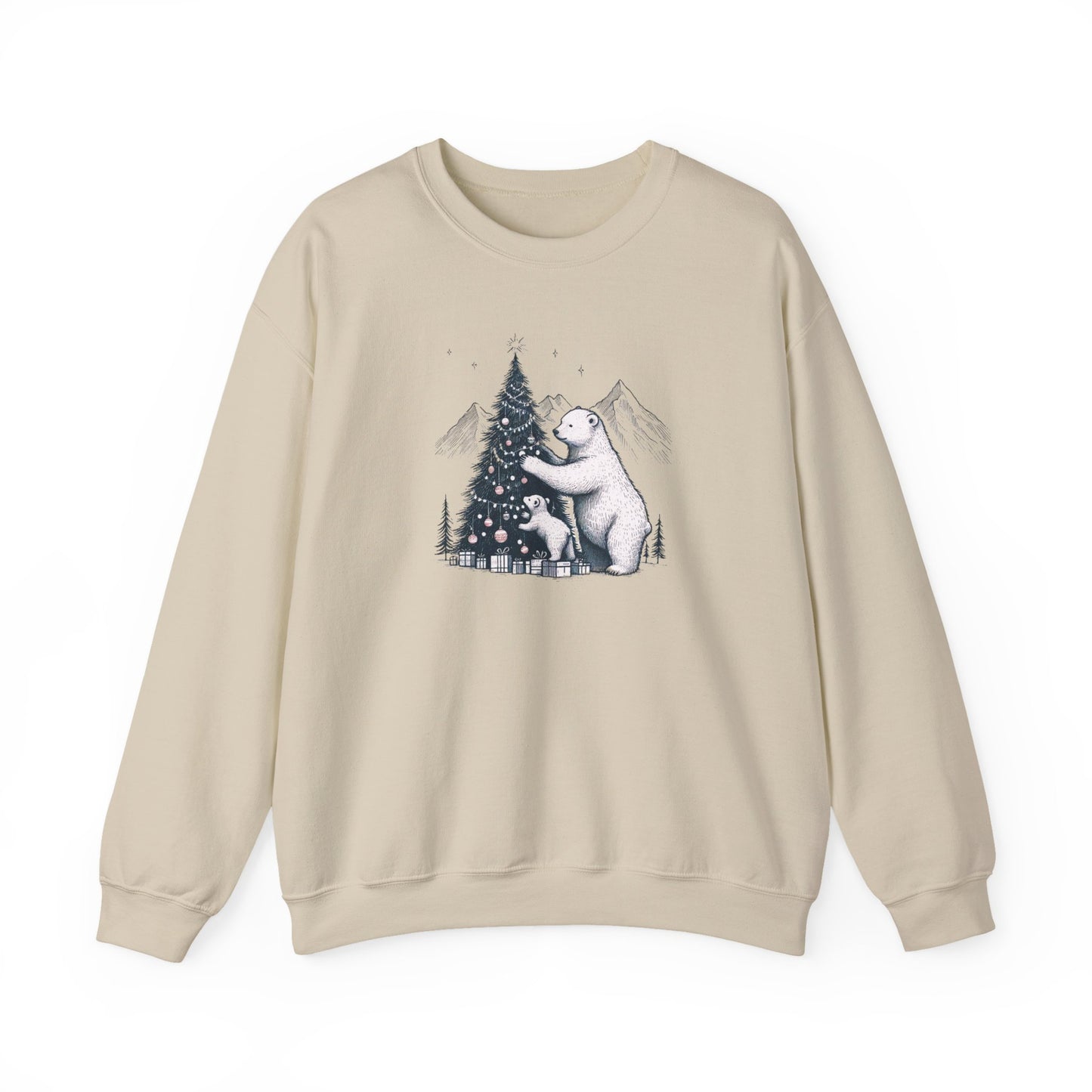 Winter Pine Bears Heavyweight Sweatshirt, Vintage Christmas Tree Scene