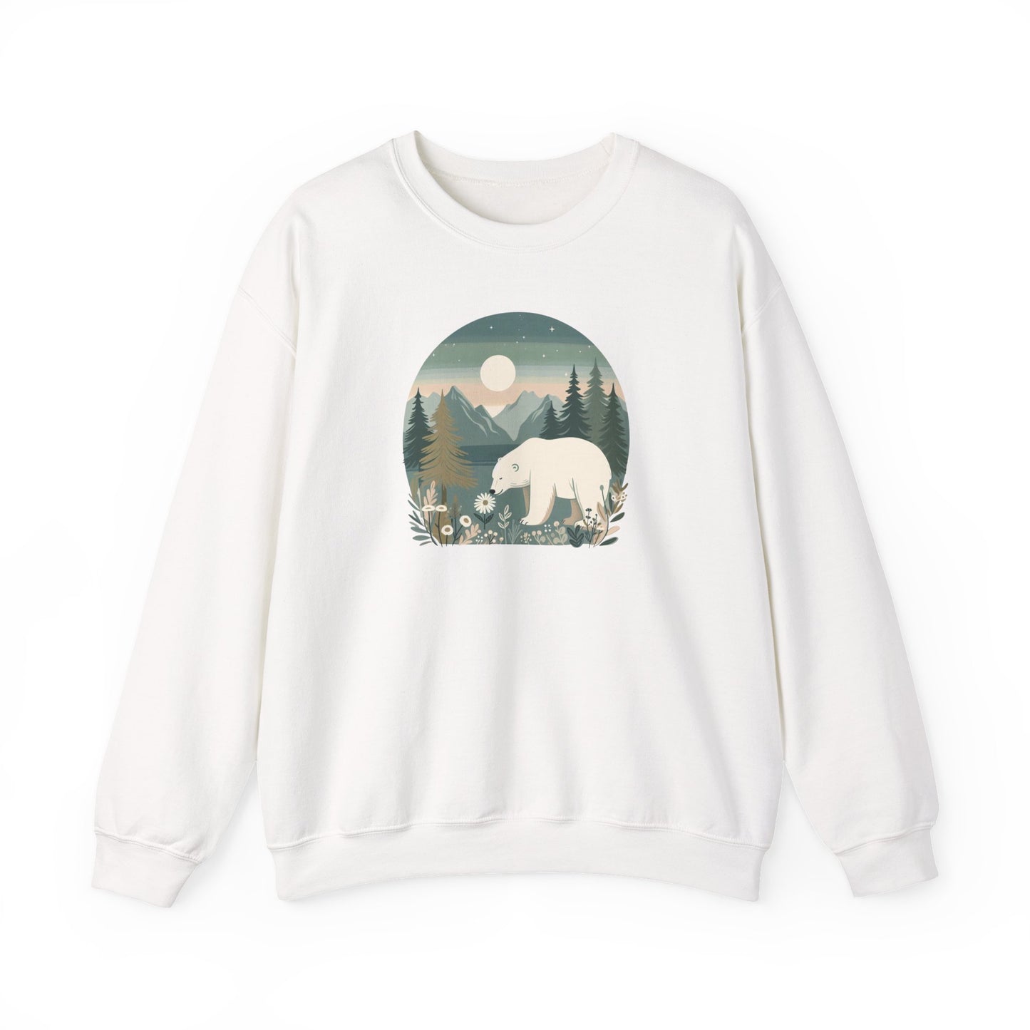 White sweatshirt with a bear graphic on a white background