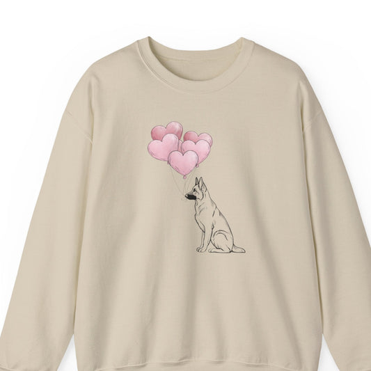 Beige sweatshirt with a dog and heart balloon design on a white background