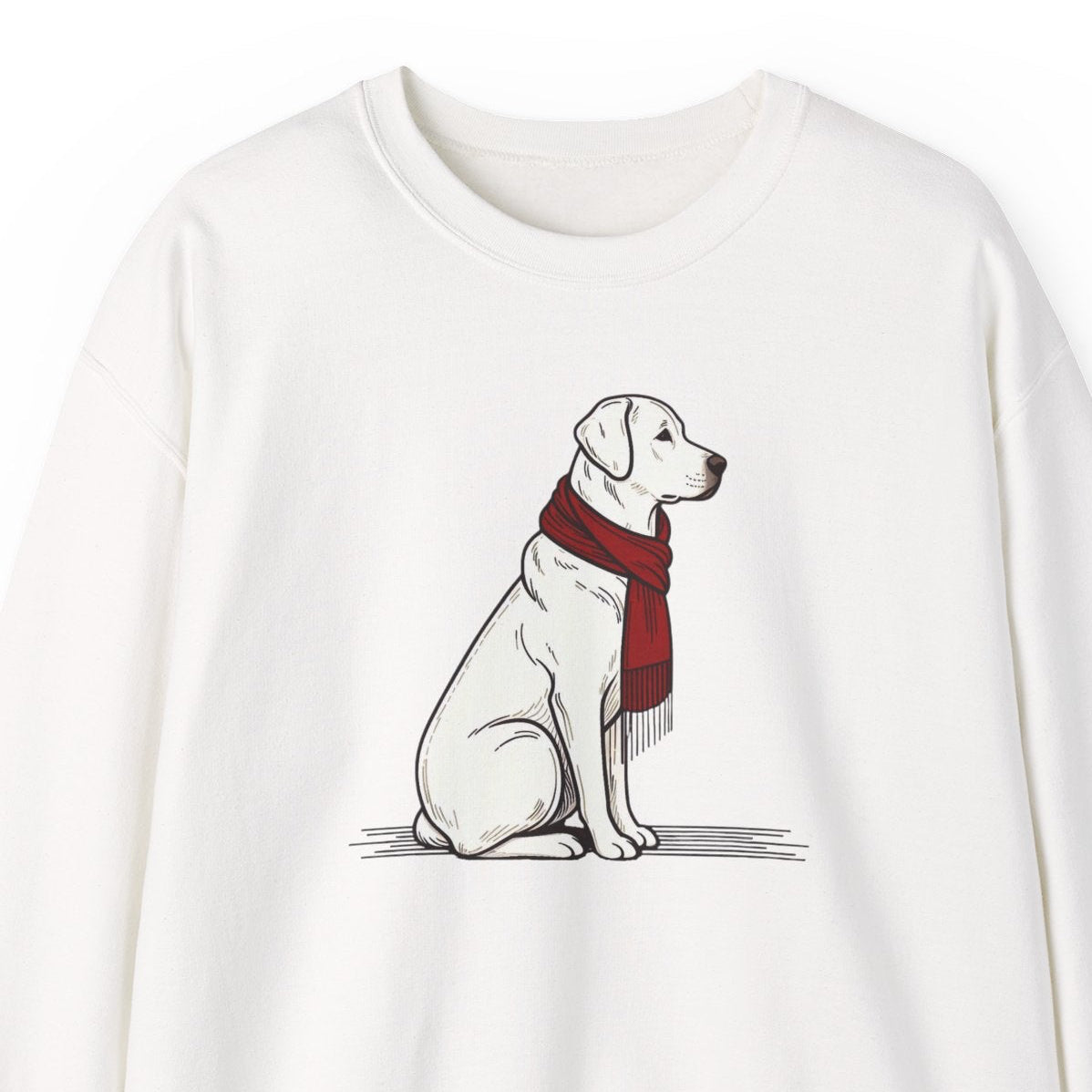 White sweatshirt with a dog wearing a red scarf design on a white background