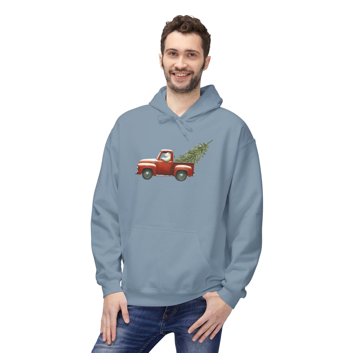 Snowy Christmas Ride, Polar Bear Red Truck Design Midweight Hoodie