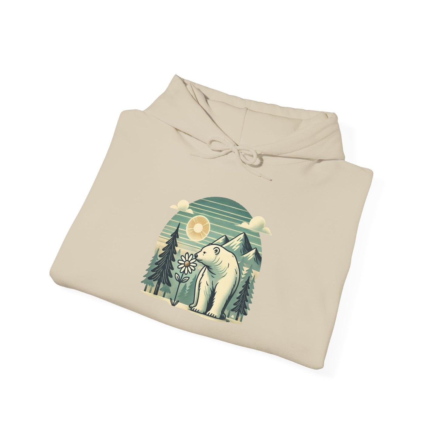 Peaceful Wild Polar Bear Hoodie, Mountain Nature Graphic Heavyweight Sweatshirt