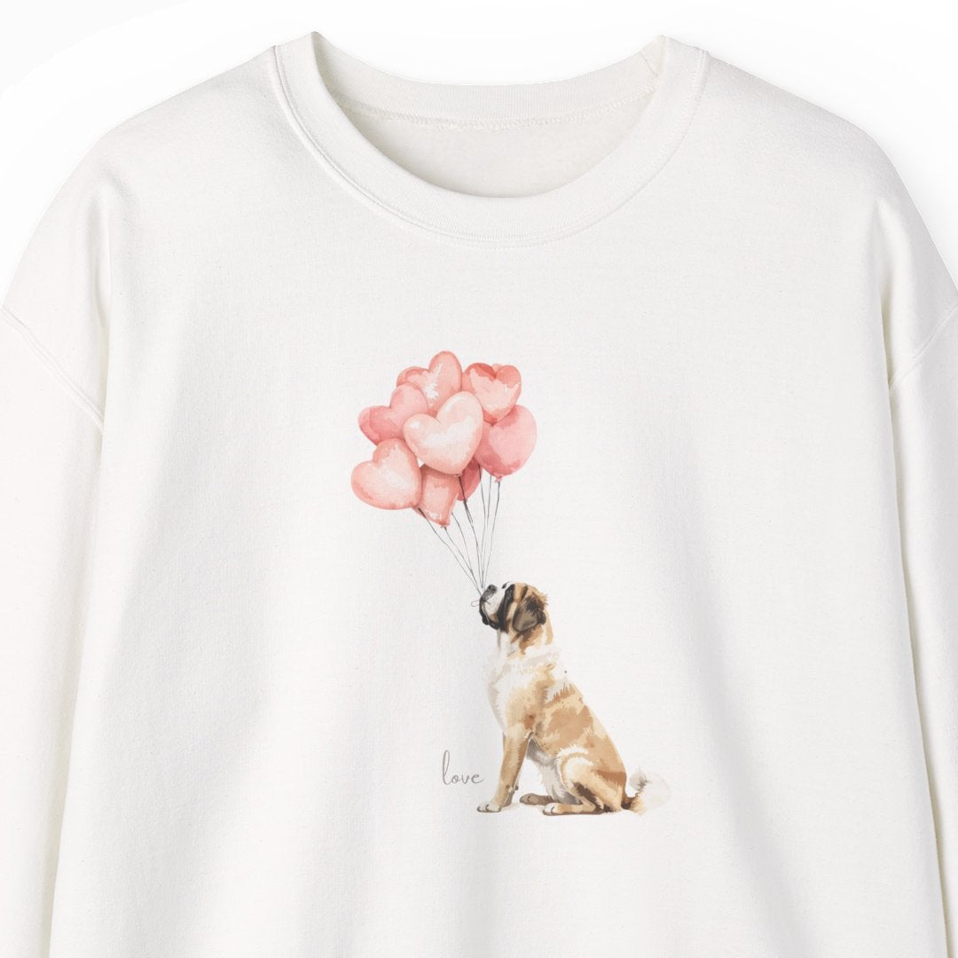 White sweatshirt with a Saint Bernard dog and pink balloons design on a white background