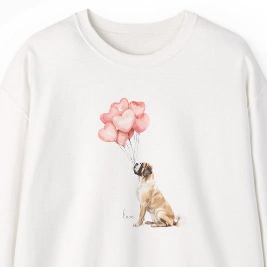 White sweatshirt with a Saint Bernard dog and pink balloons design on a white background