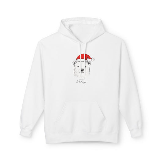 White hoodie with a polar bear wearing a Santa hat and 'holidays' text on a white background