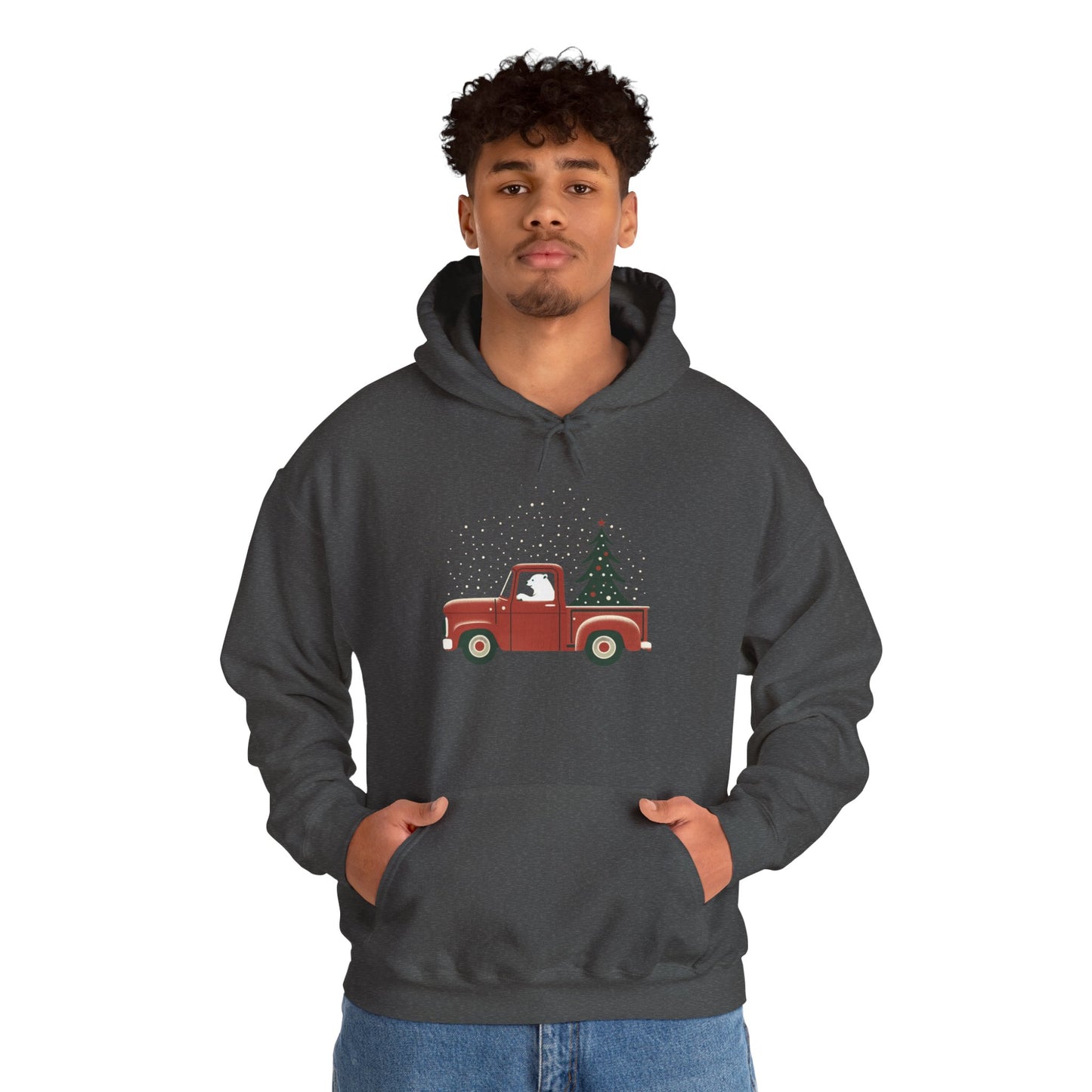 Polar Bear Holiday Haul, Vintage Red Christmas Truck Heavyweight Hoodie
