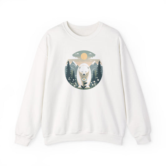 White sweatshirt with a graphic of a polar bear and forest design on a white background