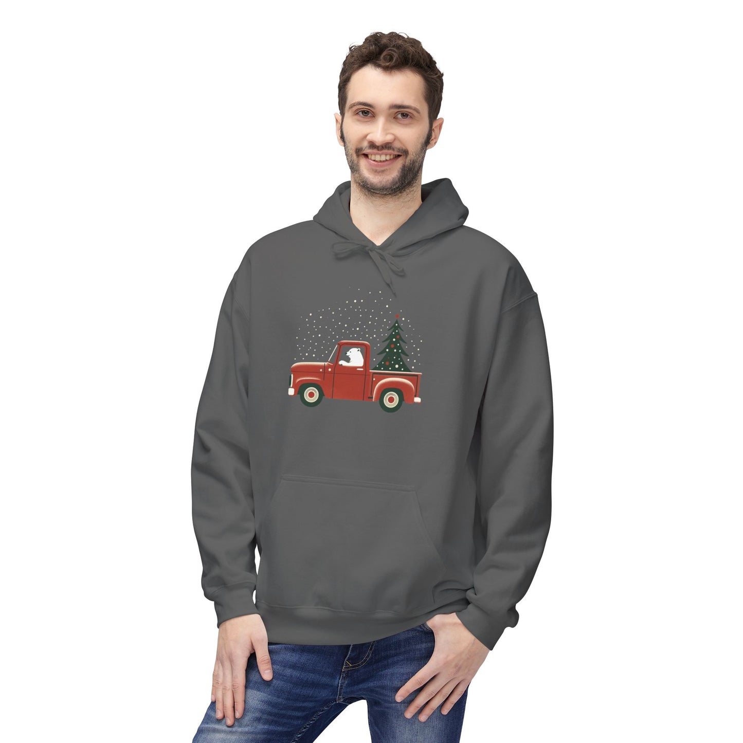 Polar Bear Holiday Haul, Vintage Red Christmas Truck Midweight Hoodie