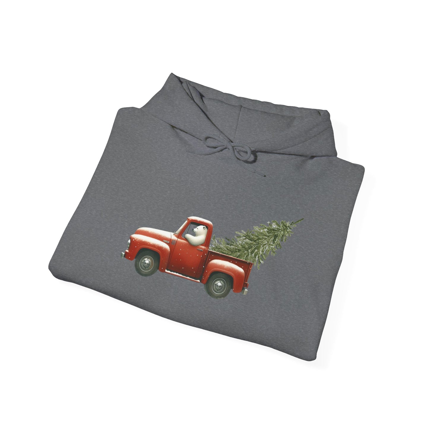 Snowy Christmas Ride, Polar Bear Red Truck Design Heavyweight Hoodie