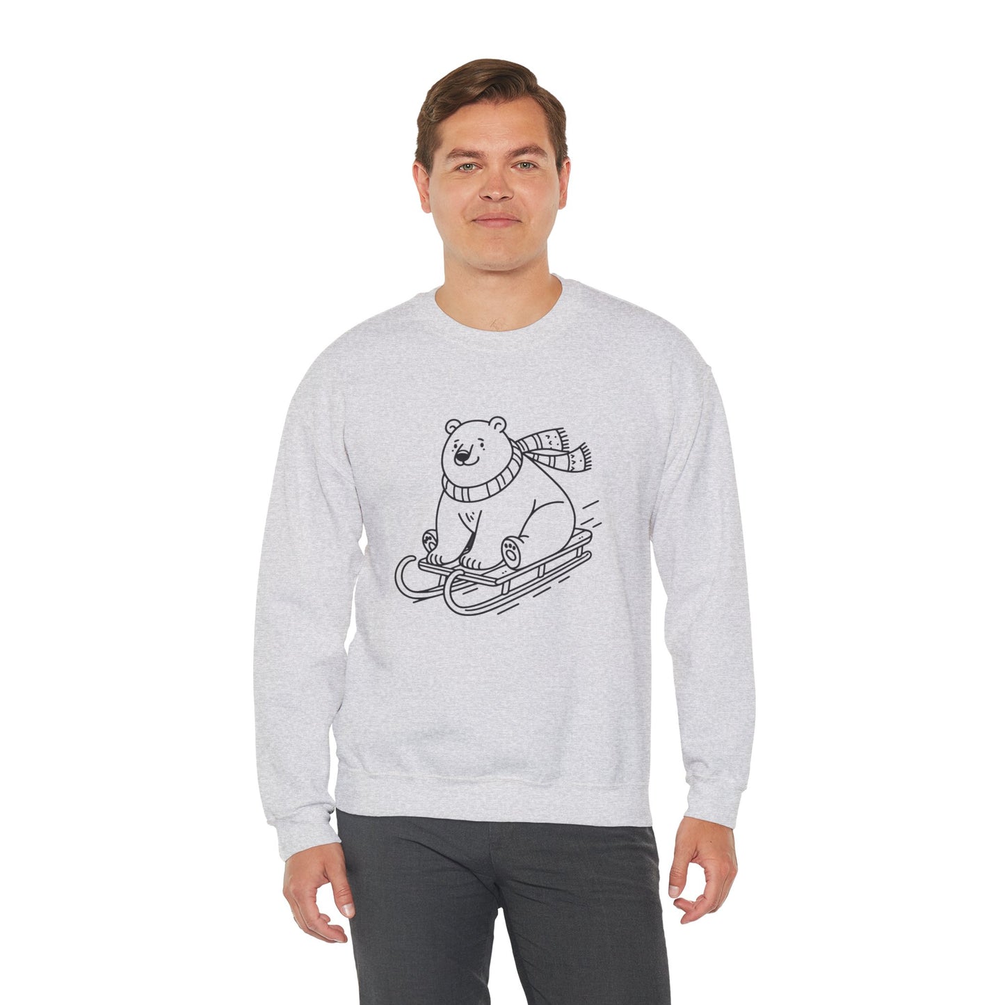 Cozy Polar Bear Sledding Sweatshirt | Unisex Heavy Blend Holiday Pullover