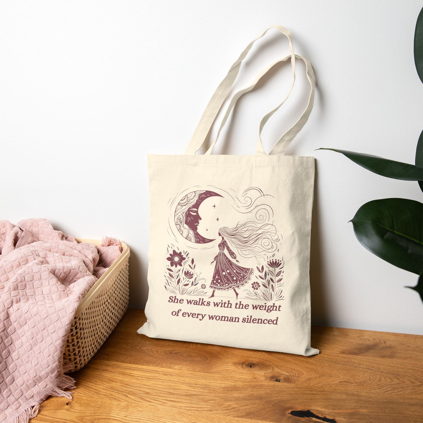 She Walks With the Weight of Every Woman Silenced Tote Bag, Feminist Quote Canvas Tote, Women’s Rights Protest Bag