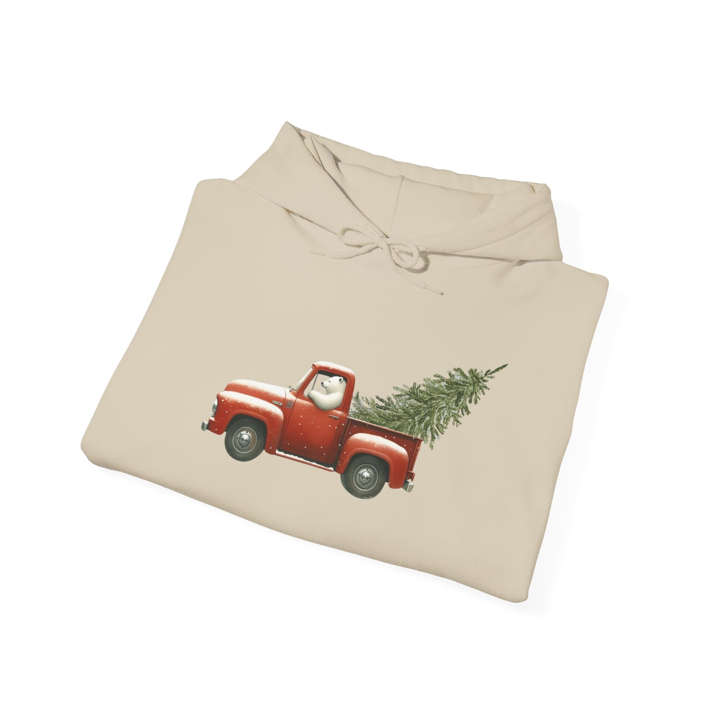 Snowy Christmas Ride, Polar Bear Red Truck Design Heavyweight Hoodie