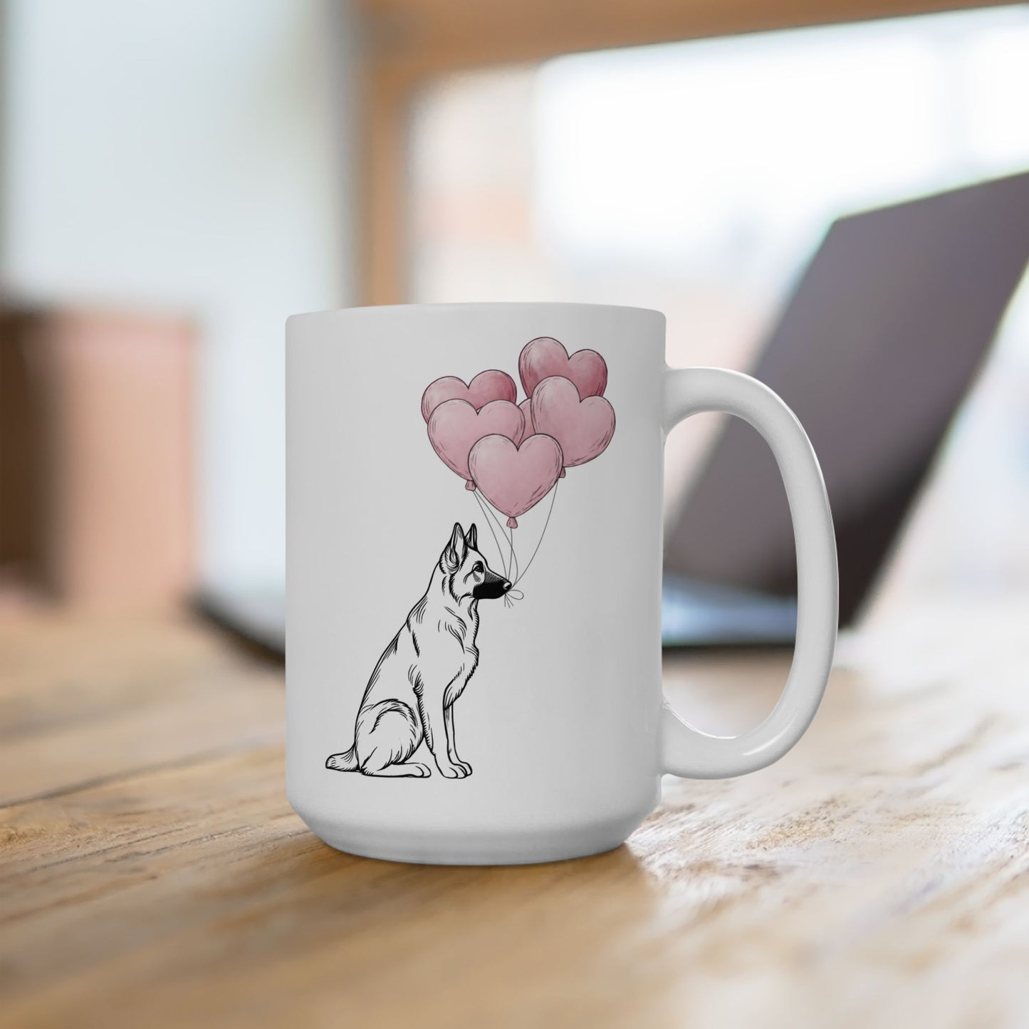 German Shepherd with Heart Balloons Mug, 15 oz