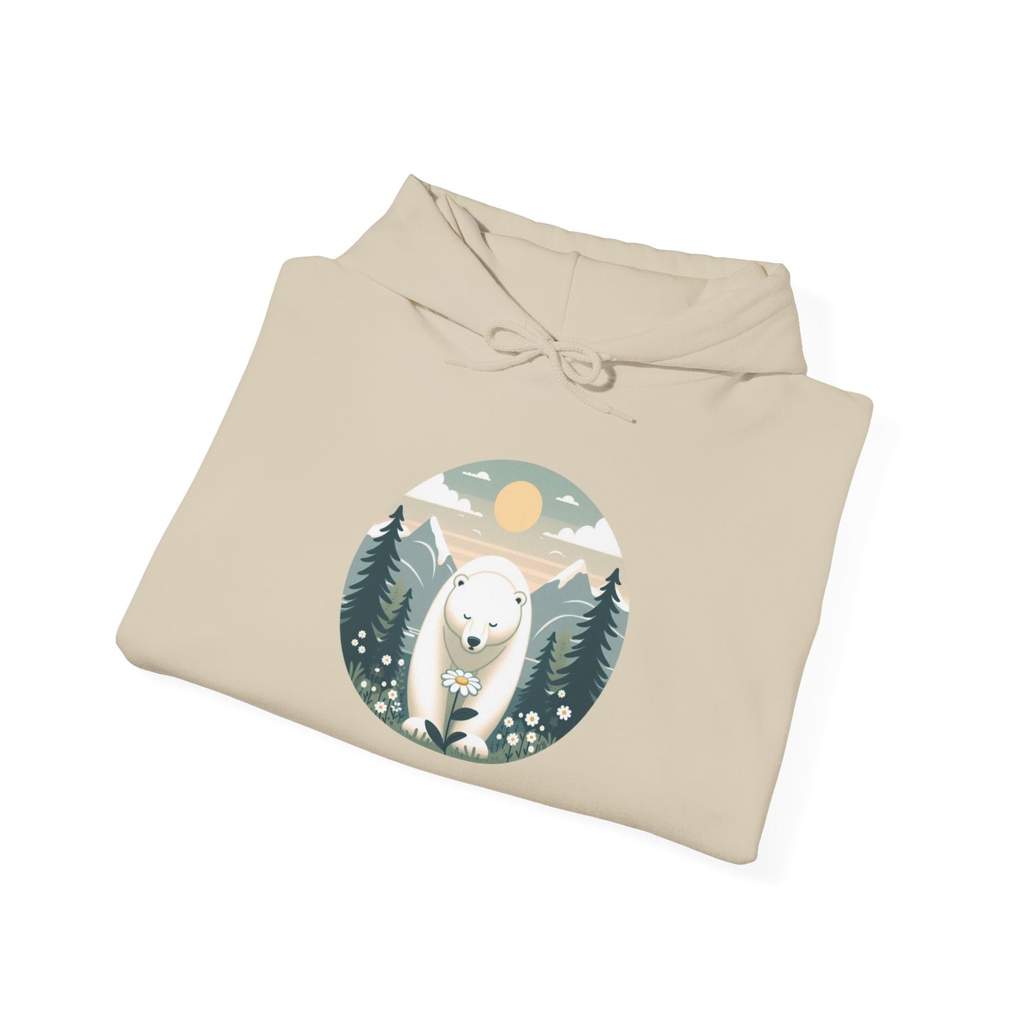 Polar Bear & Wildflower Mountain Hoodie, Heavyweight Cozy Nature Graphic Sweatshirt