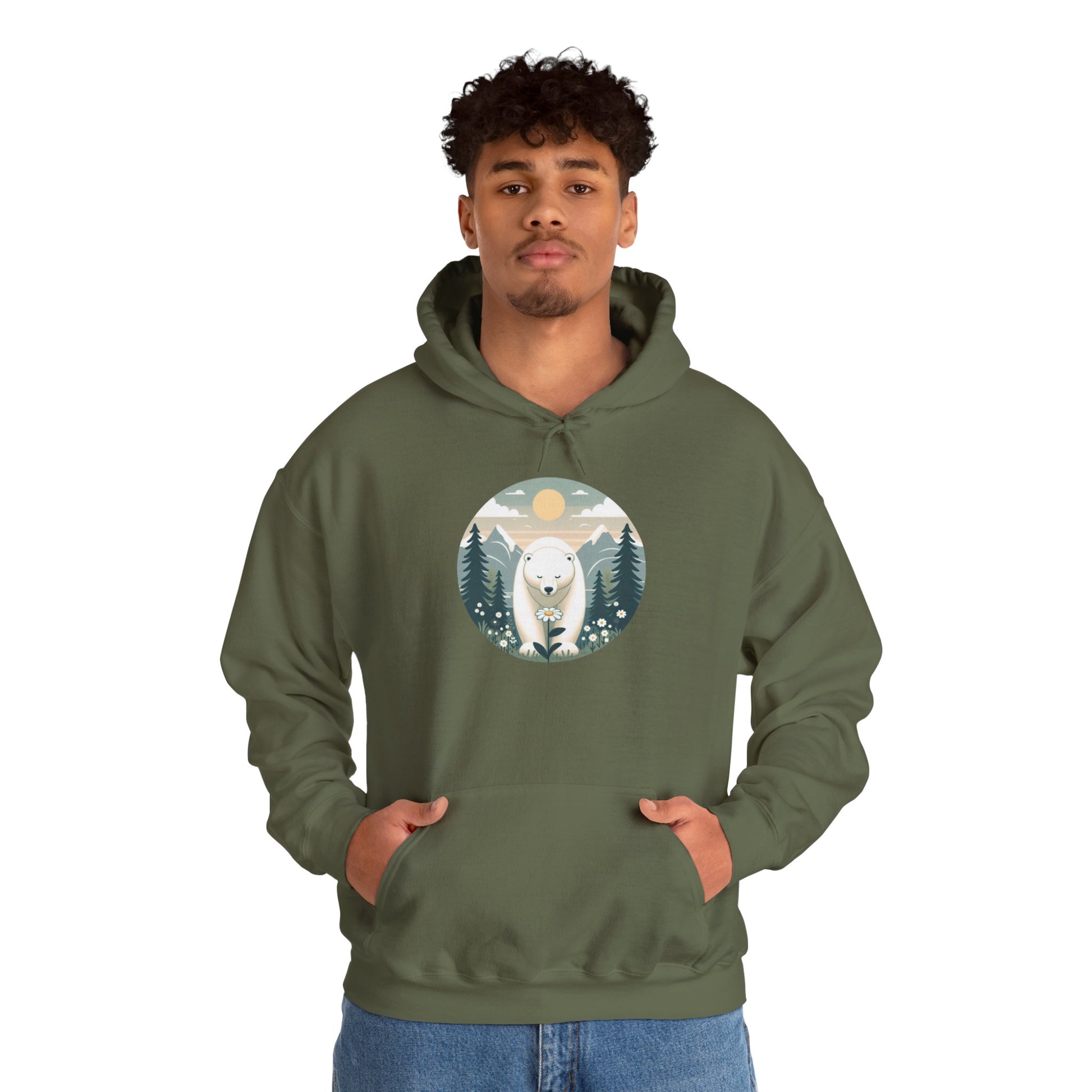 Person wearing a green hoodie with a bear graphic on a white background
