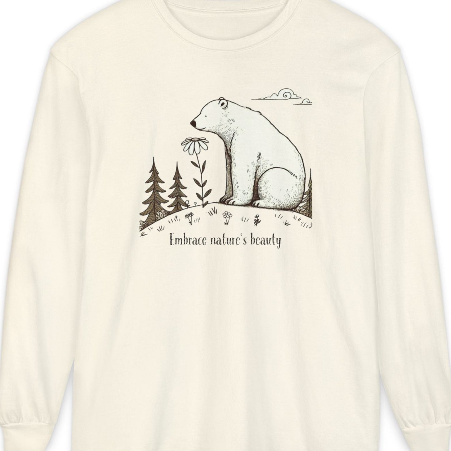 White sweatshirt with a bear and nature-themed graphic on a white background