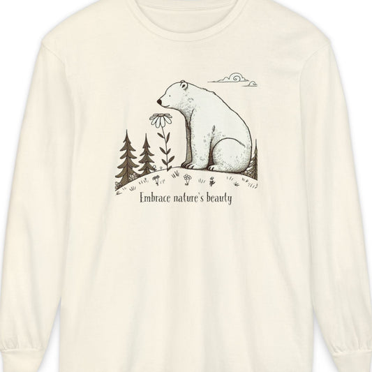White sweatshirt with a bear and nature-themed graphic on a white background