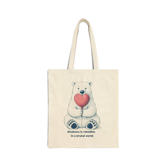 Kindness is Rebellion Tote Bag, Polar Bear with Heart Canvas Bag, Inspirational Quote Market Tote