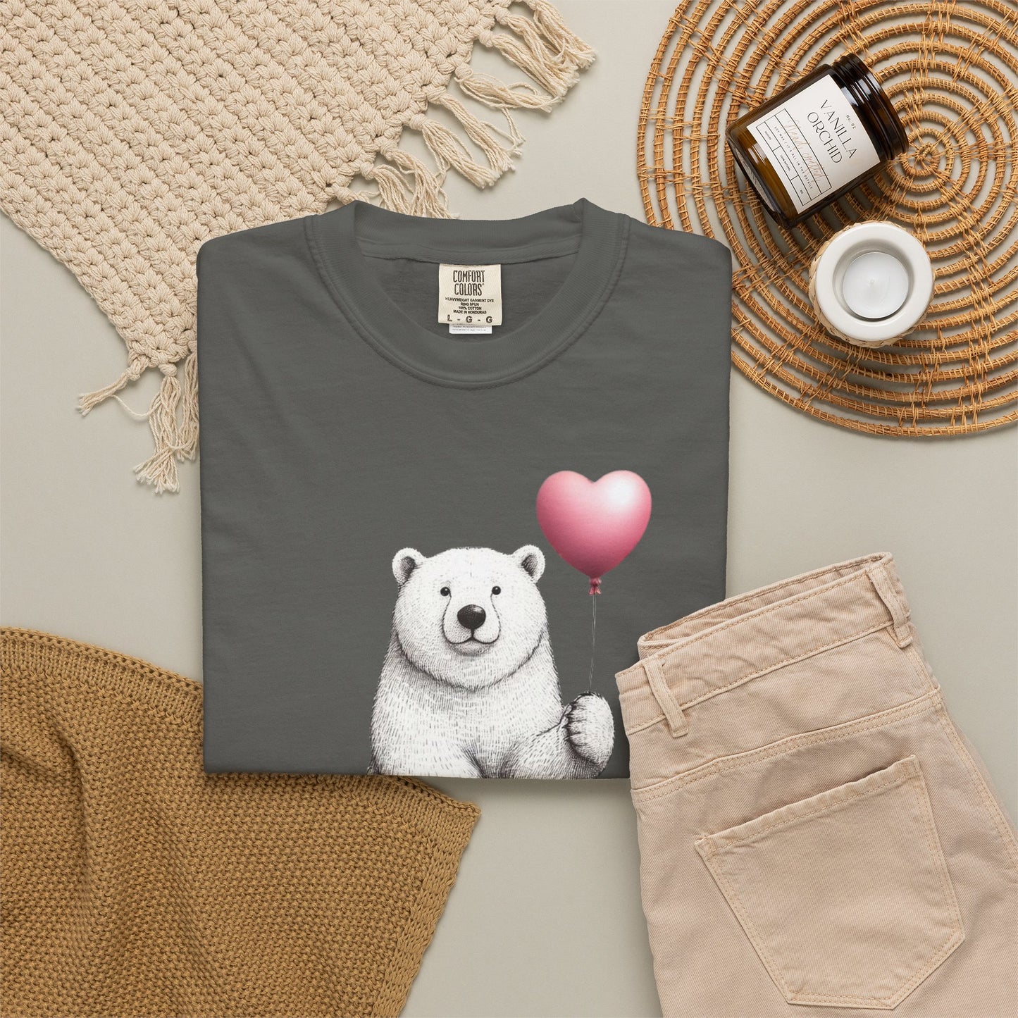 Sketch Polar Bear Heart Balloon Comfort Colors Tee