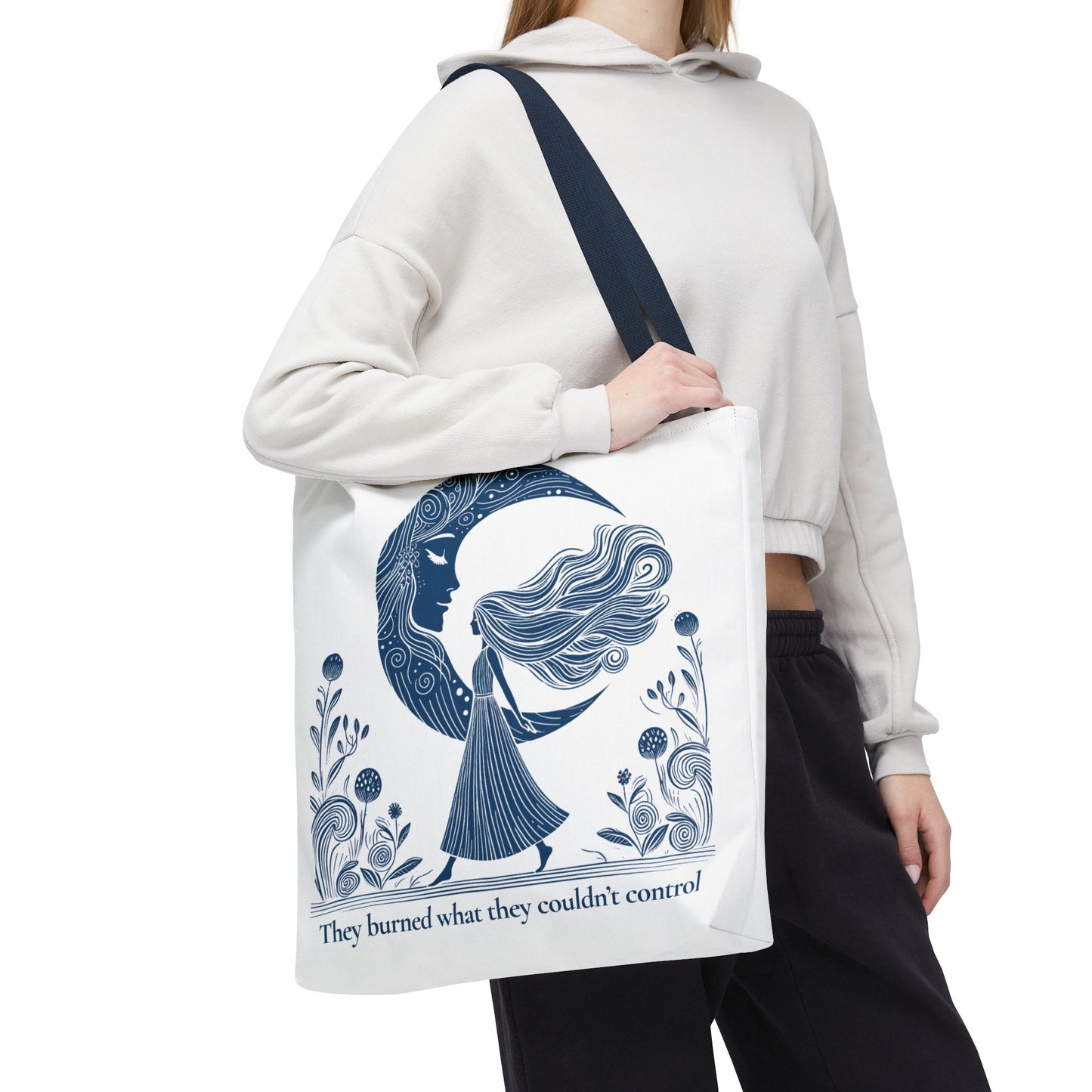 They Burned What They Couldn’t Control Tote Bag, Feminist Moon Goddess Design, Witchy Quote Gift, Women’s Empowerment Bag