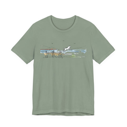 Dog Dock Jump T-Shirt, Minimalist Watercolor Lake Dog Tee | Stompy Paws
