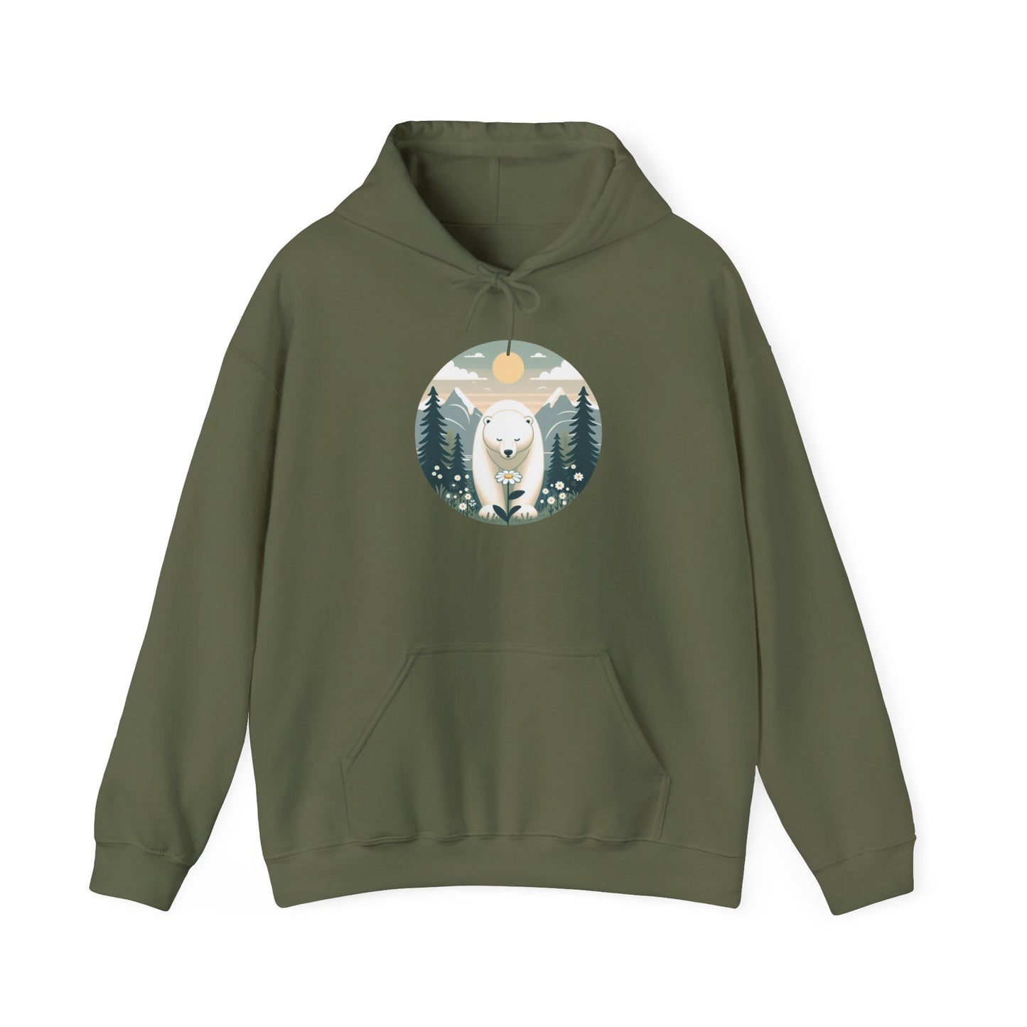 Polar Bear & Wildflower Mountain Hoodie, Heavyweight Cozy Nature Graphic Sweatshirt