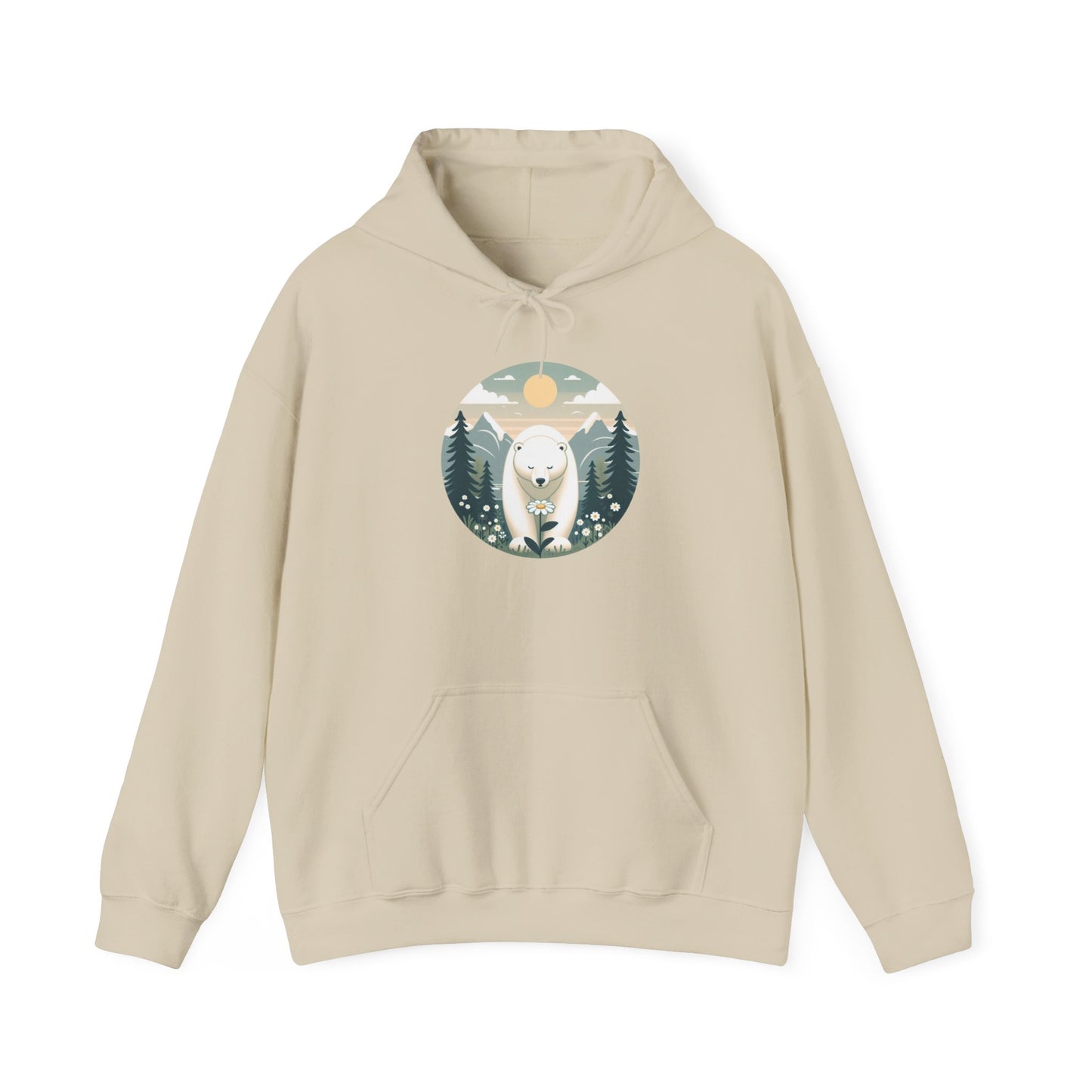 Polar Bear & Wildflower Mountain Hoodie, Heavyweight Cozy Nature Graphic Sweatshirt