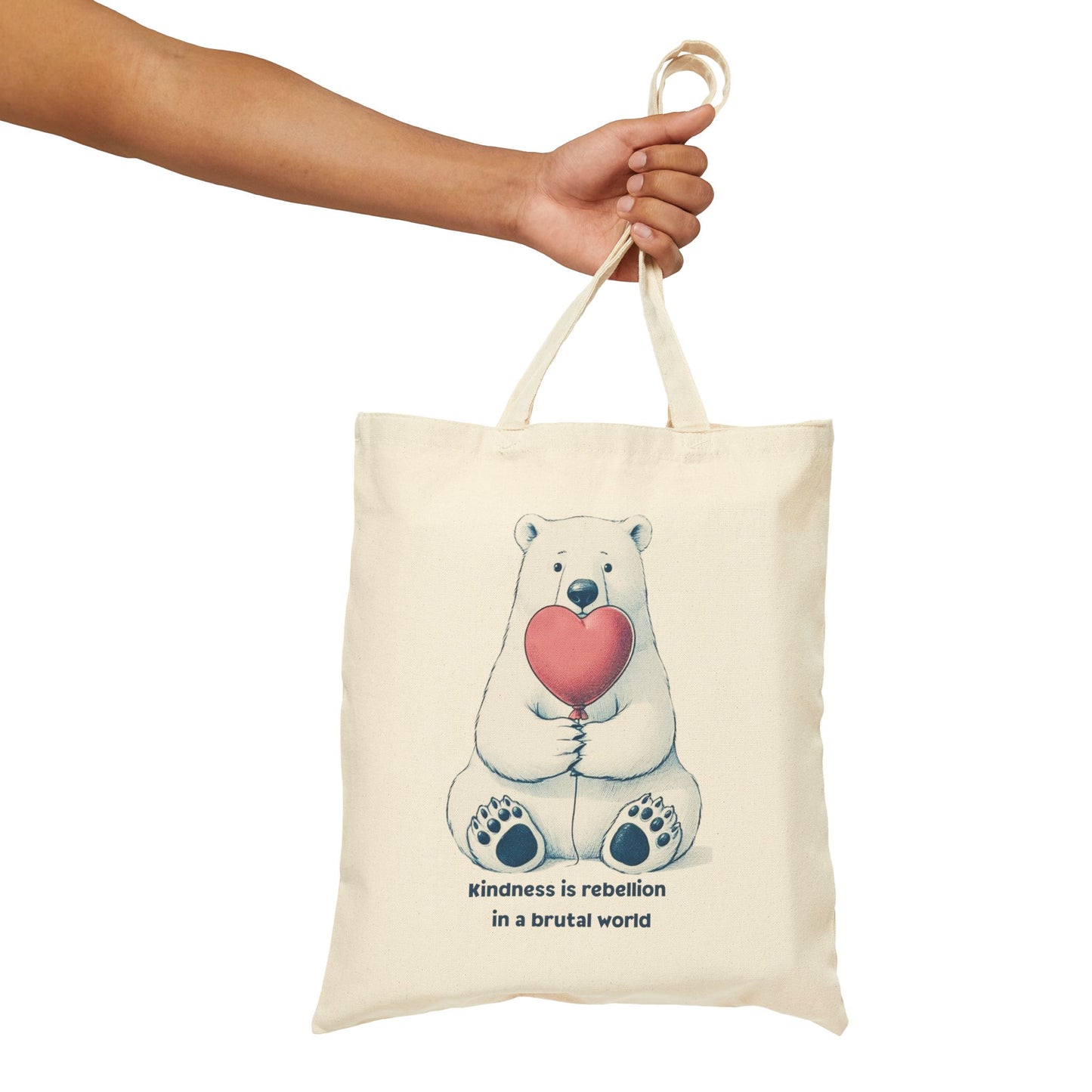 Kindness is Rebellion Tote Bag, Polar Bear with Heart Canvas Bag, Inspirational Quote Market Tote