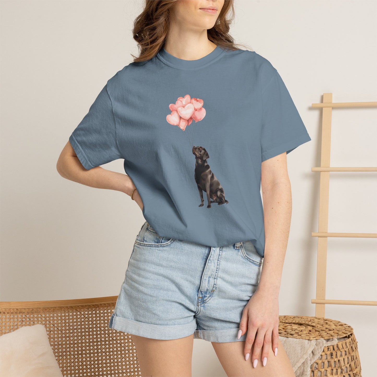 Black Labrador with Heart Balloons Comfort Colors Tee