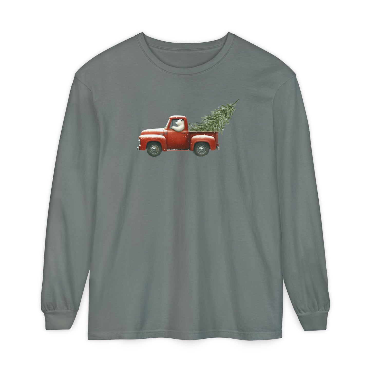 Snowy Christmas Ride, Polar Bear Red Truck Design Long Sleeve Tee