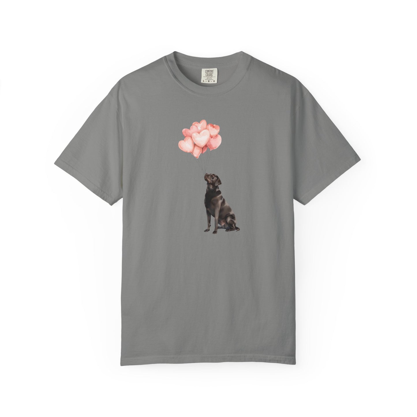 Black Labrador with Heart Balloons Comfort Colors Tee