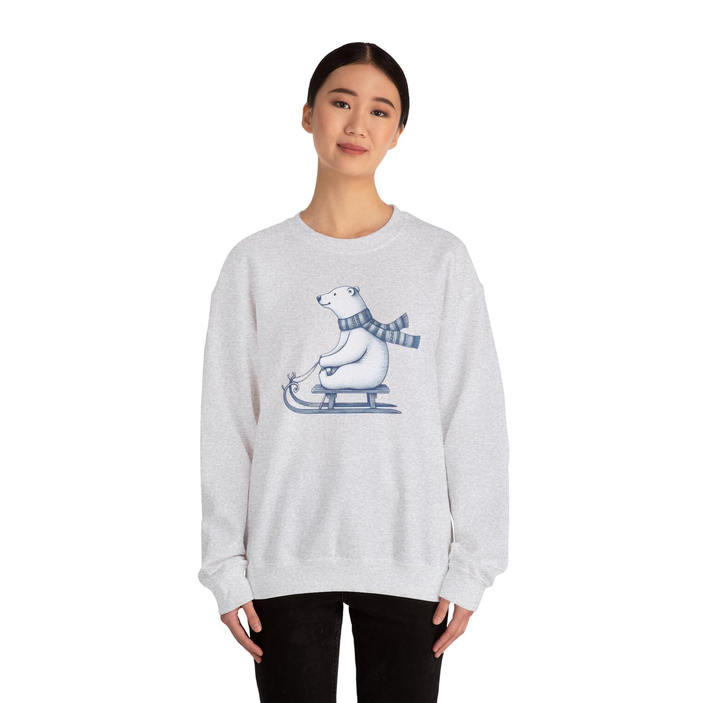 Sledding Polar Bear Sweatshirt, Cozy Winter Graphic Heavyweight Fleece