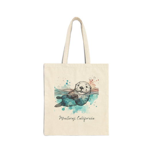 Monterey California Sea Otter Tote Bag, Watercolor Ocean Animal Design, Coastal Beach Gift