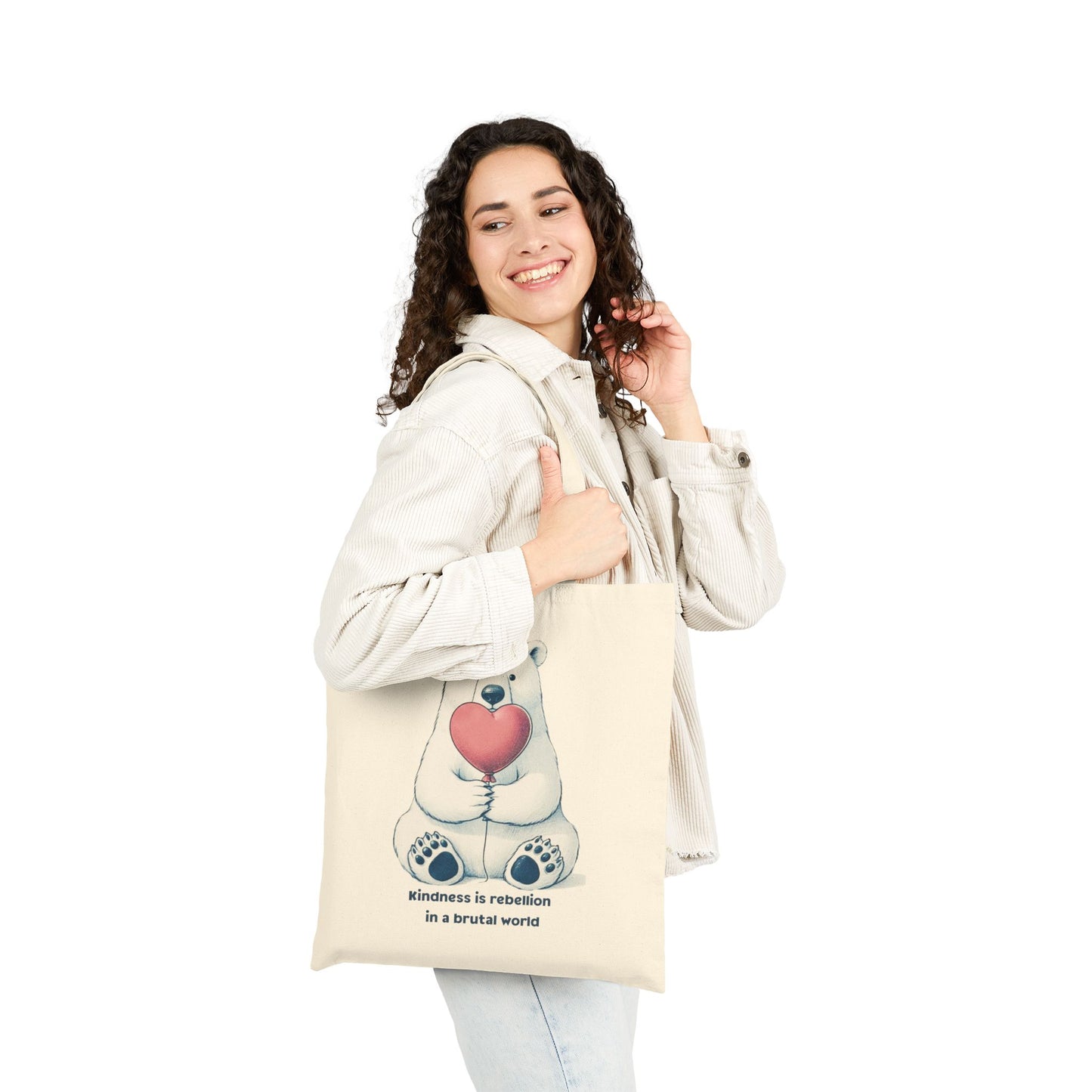 Kindness is Rebellion Tote Bag, Polar Bear with Heart Canvas Bag, Inspirational Quote Market Tote