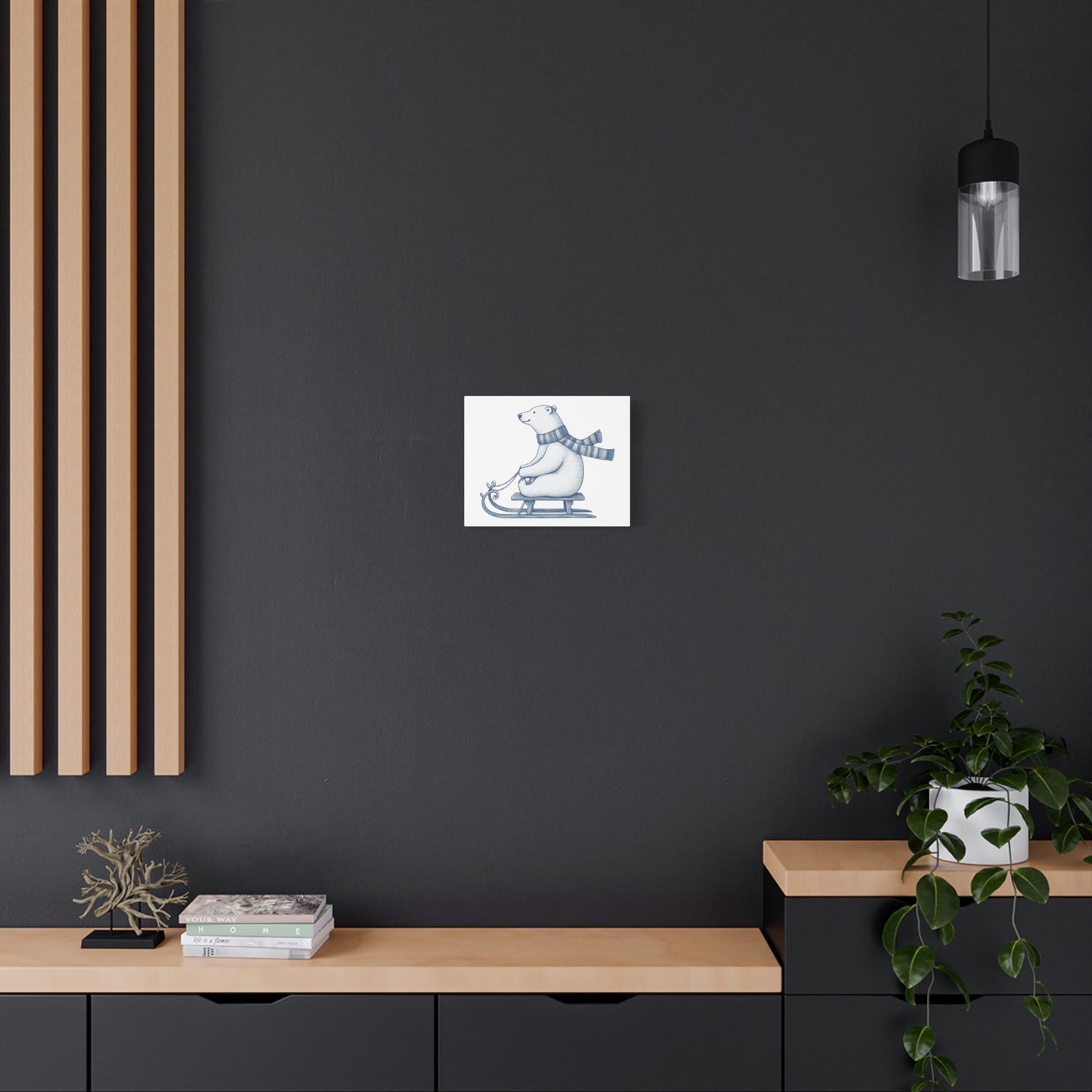 Modern interior with a black wall, wooden shelves, and a small painting of a bear.