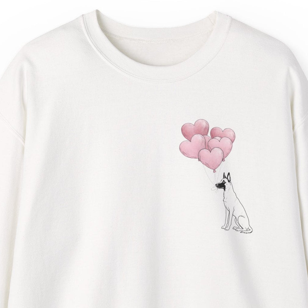 White sweatshirt with a dog and balloons design on a white background