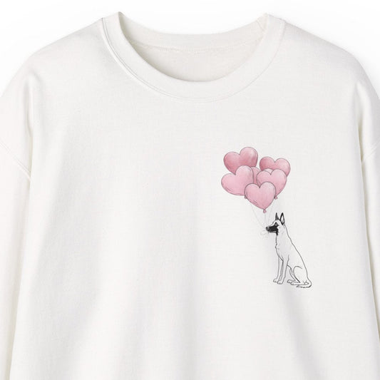 White sweatshirt with a dog and balloons design on a white background